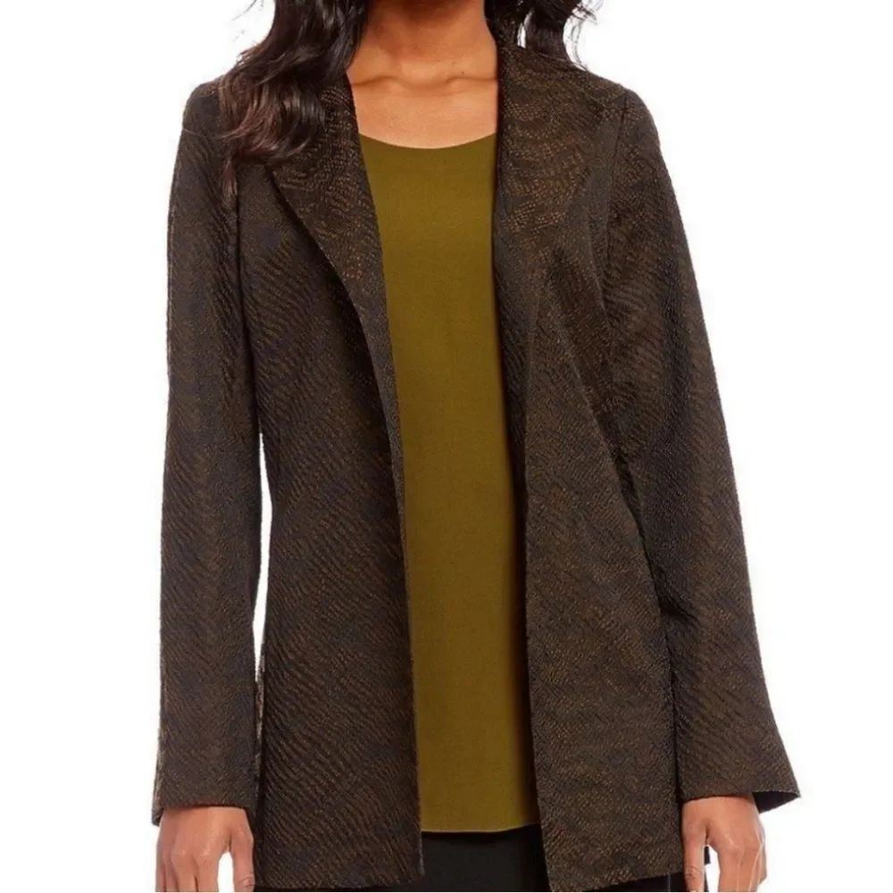 Eileen Fisher High Collar Jacket Silk Blend Jacquard Wave Size Brown Petite S